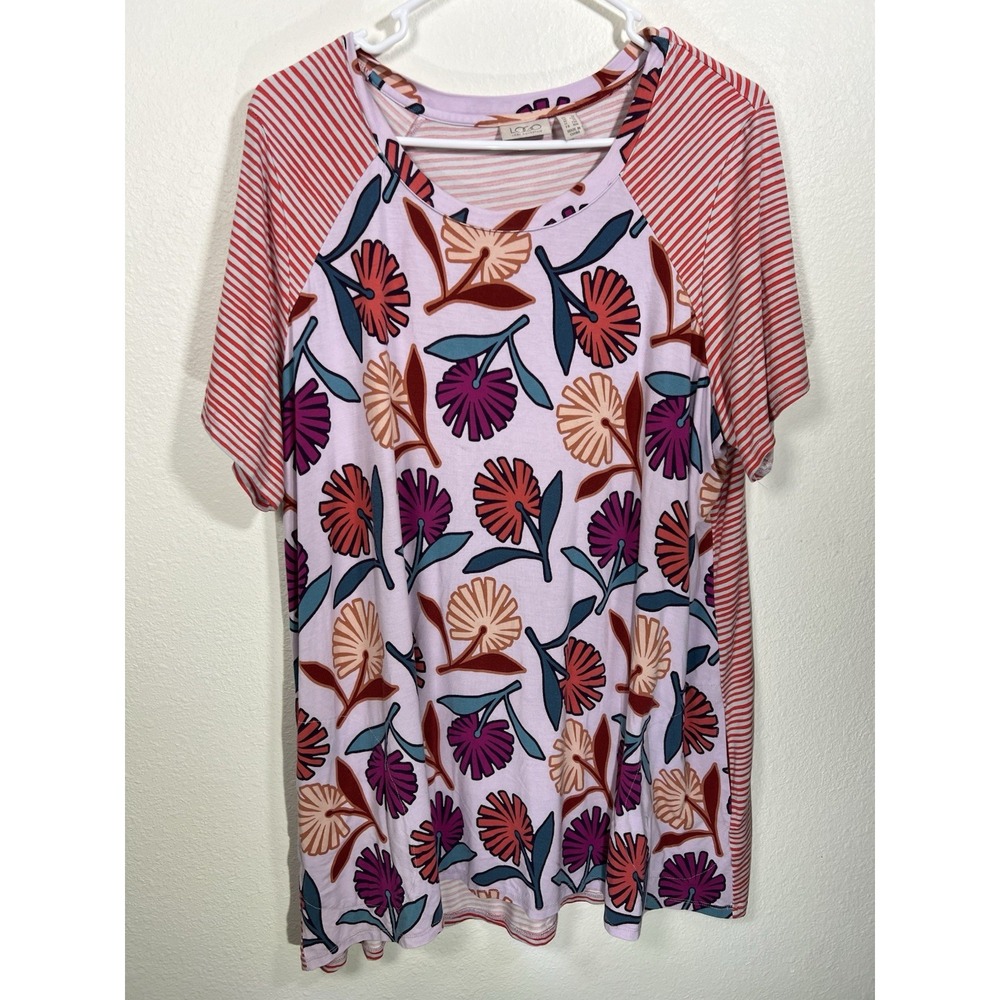 LOGO Lori Goldstein Top Womens 1X Short Sleeve Tunic Floral Stripe Jersey Knit